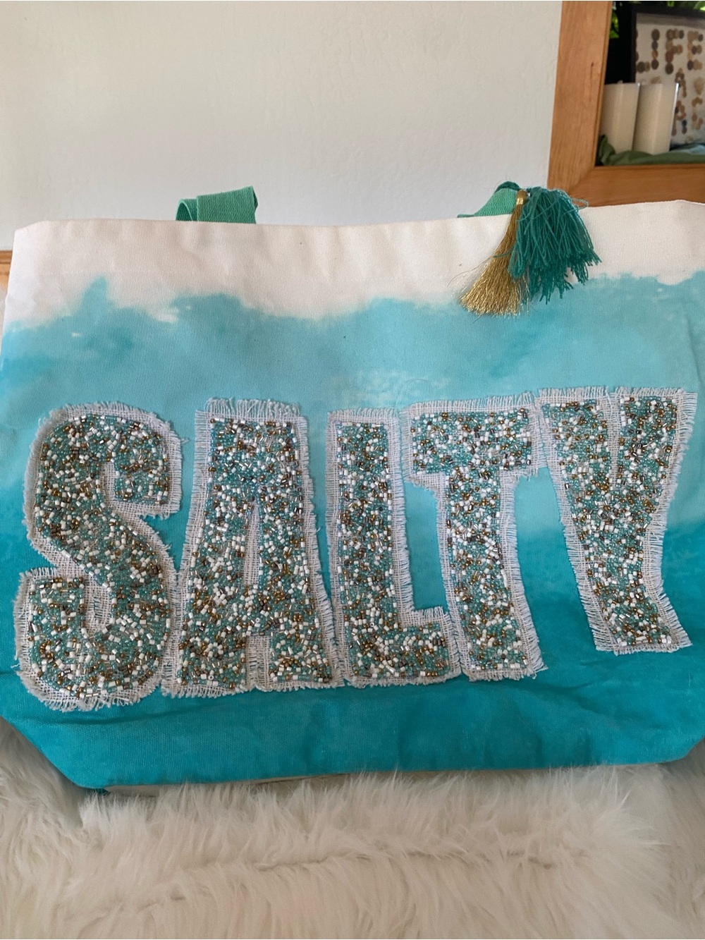 NWOT SALTY Beaded Ombre Tote Bag - Turquoise